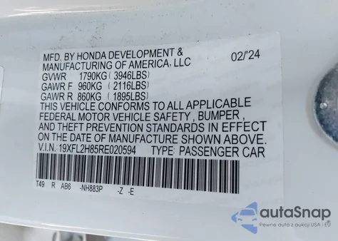 2024 Honda Civic Sport from USA, damaged, VIN 19XFL2H85RE020594